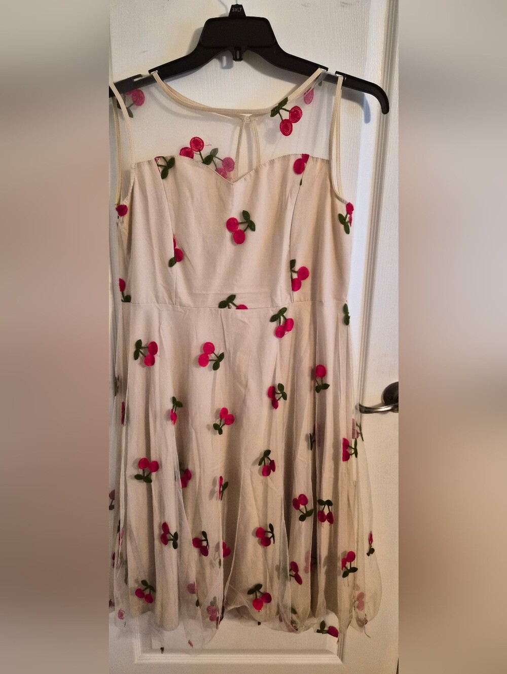 Cream Midi Dress with Pink Cherry Embroidery